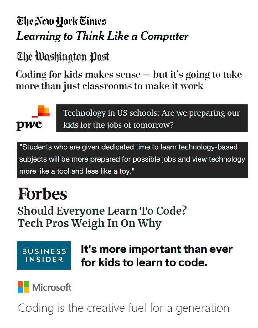 Headlines about the importance of learning to program for kids
